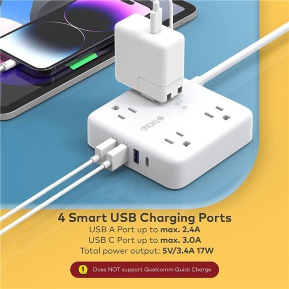 Power Strip Surge Protector -Ultra Thin Flat Extension Cord 5ft w/ 4 USB Port - Picture 2 of 6